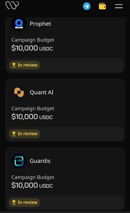 The image shows a screenshot of a cell phone screen that displays three lists of campaign budgets against each other, with the top row featuring the words "Campaign Budget" and "Guardados", the middle row displaying the names of various apps, and the bottom row listing off budget amounts in US cents. The main post suggests looking at these campaigns for potential investments or opportunities to engage with the app creators.