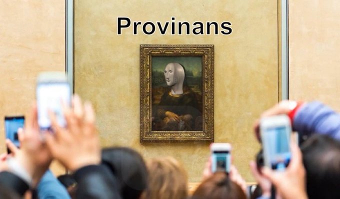 A framed painting hangs on a wall behind a crowd of people taking photos with their phones; the painting is overlaid with the word 'Provinans' at the top.