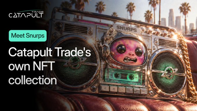 A promotional graphic for Catapult Trade's NFT collection 'Snurps,' featuring a colorful alien-like character on a gold boombox with a Los Angeles skyline backdrop.