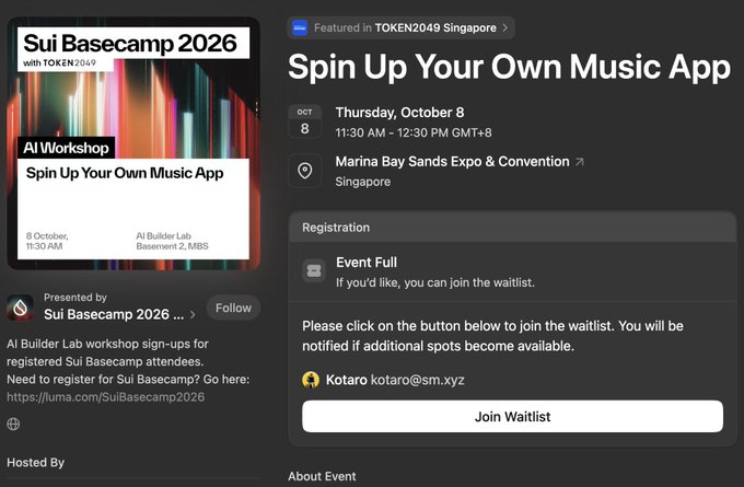 An event registration page for 'Sui Basecamp 2026' AI Workshop 'Spin Up Your Own Music App' at Marina Bay Sands Expo & Convention in Singapore on October 8, showing the event is full with a waitlist option hosted by Kotaro.