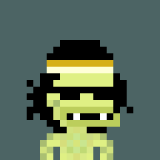 This image features a pixelated character from the "On-Chain All-Stars" NFT collection, specifically item #7336. The character is depicted in shades of green and yellow with black hair and a headband, set against a dark teal background.