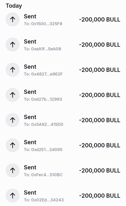 A mobile wallet transaction history showing multiple transactions of '-200,000 BULL' sent to various addresses today.
