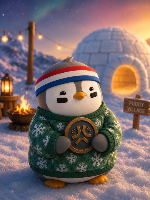 A cute 3D-rendered penguin wearing a green snowflake sweater and red/blue striped beanie, holding the Abstract logo coin in a snowy 'Pudgy Village' setting.