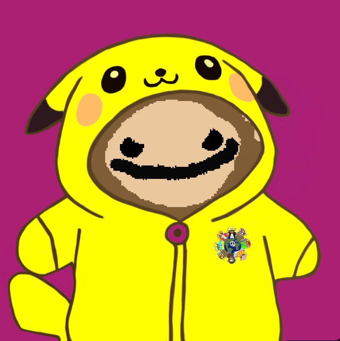 A pixelated cartoon character wears a yellow Pikachu-themed hoodie with a small crest on the chest, smiling mischievously against a magenta background—visually echoing the playful "It wasn't us…" tone of the post with its cute, sneaky expression.