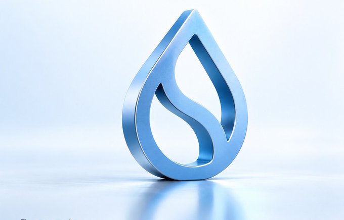 A 3D-rendered blue metallic water droplet icon/logo standing upright against a light blue gradient background, featuring an inner flame or wave cutout design.