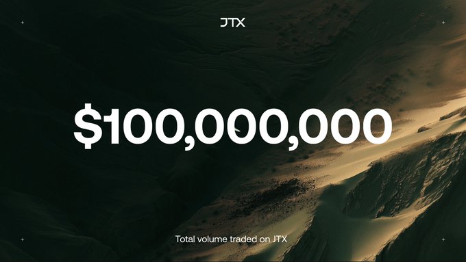 A dark, dramatic landscape of sand dunes serves as the background for the JTX logo and large white text reading '$100,000,000', with the subtitle 'Total volume traded on JTX'.