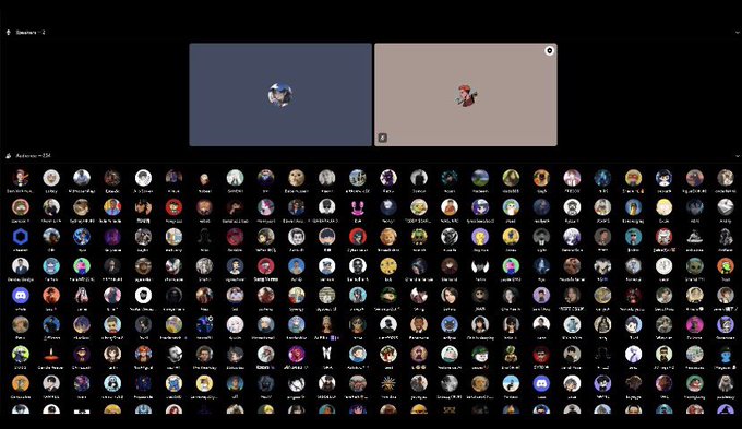 A computer screen displaying a Discord server interface with numerous circular avatars arranged in a grid at the bottom and two larger image panels at the top.