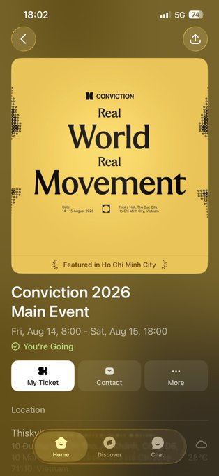 A mobile screen displaying a Conviction 2026 Main Event ticket for "Real World Real Movement" at Thisky Hall, Ho Chi Minh City on Aug 14-15, showing the user is registered with their "My Ticket" ready for the conference.