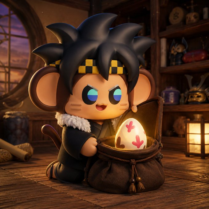 A 3D render of a chibi monkey character styled like Goku from Dragon Ball, holding a sack containing a glowing pink and white dragon ball with hearts.