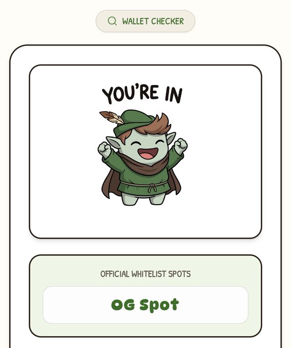 A 'WALLET CHECKER' interface confirming 'YOU'RE IN' status with a cute green-clad elf/chibi character cheering, awarding an 'OG Spot' under 'OFFICIAL WHITELIST SPOTS'.