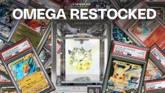 The image shows a collection of Pokémon trading cards with the bold text "OMEGA RESTOCKED" prominently displayed at the top. The caption celebrates the refresh of Omega Wave Cards from the @renaissxyz project, with a featured card visible among the spread, aligning with the excitement around improved pull rates and the pack opening mentioned in the post.