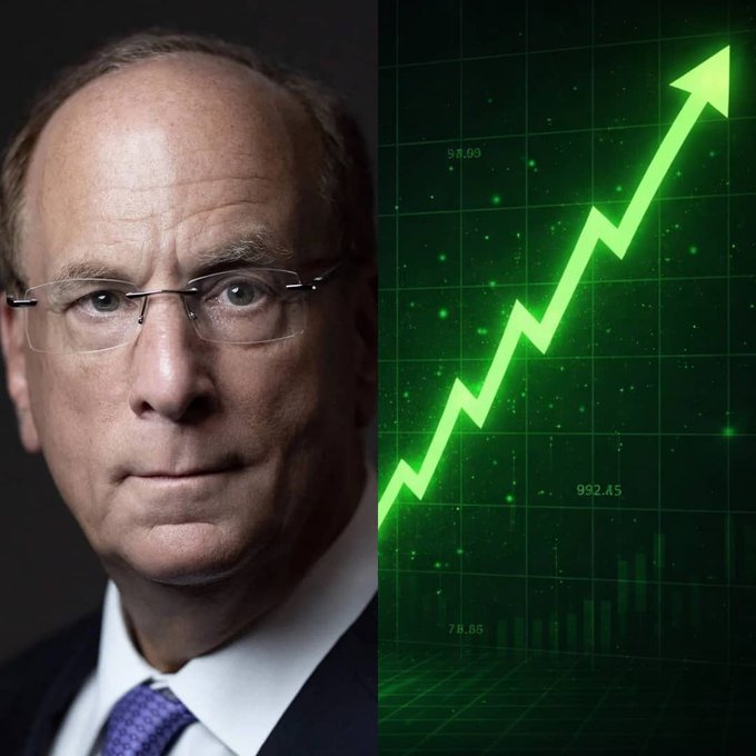 A serious-looking man in glasses and a suit (likely a BlackRock executive) is shown next to a bright green upward-trending line graph with numbers like 94.89, 992.45, and 78.65, visually representing the strong inflow of institutional investment into Bitcoin and the dominance of BlackRock's spot Bitcoin ETF contributions noted in the post.
