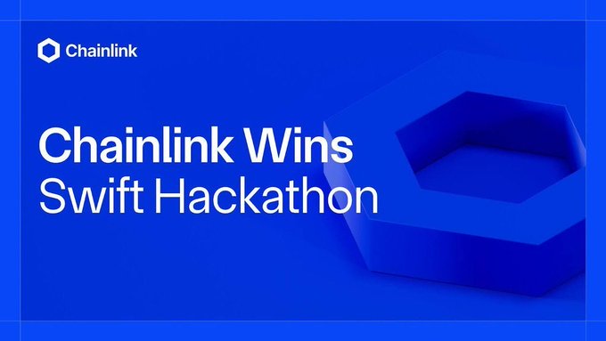 A blue promotional graphic displays the Chainlink logo with the text 'Chainlink Wins Swift Hackathon'.