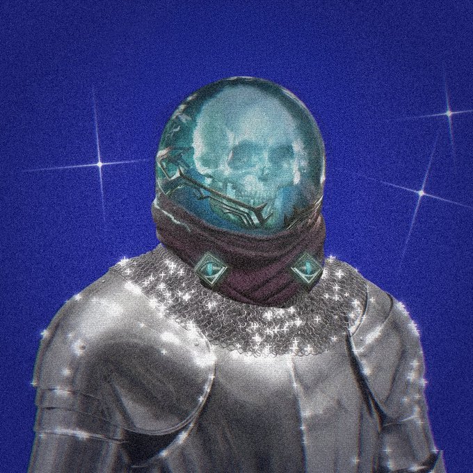 A digital artwork depicts a knight in silver chainmail armor with a purple scarf, wearing a helmet that resembles a glowing skull face against a starry dark blue background.