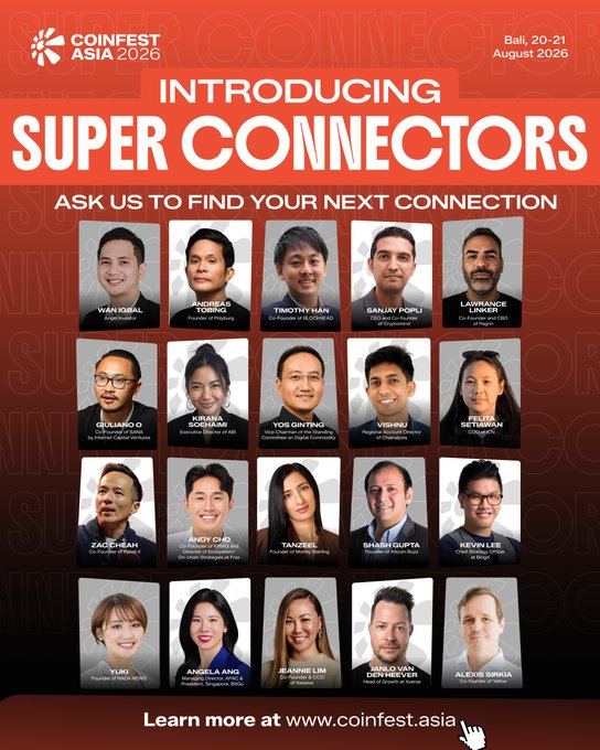 A promotional poster for CoinFest Asia 2026 in Bali (August 20-21, 2026), introducing 'Super Connectors' with photos and names of featured individuals including Van Vidal, Andreas Tjong, Timothy Han, Sanjay Popli, and others.