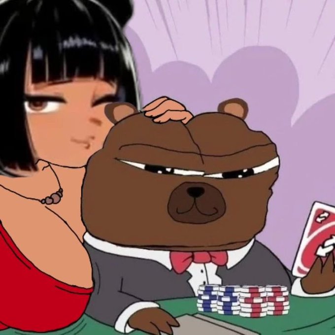 An anime-style scene of a girl in a red dress aggressively patting the head of a smug bear in a tuxedo holding playing cards and poker chips.