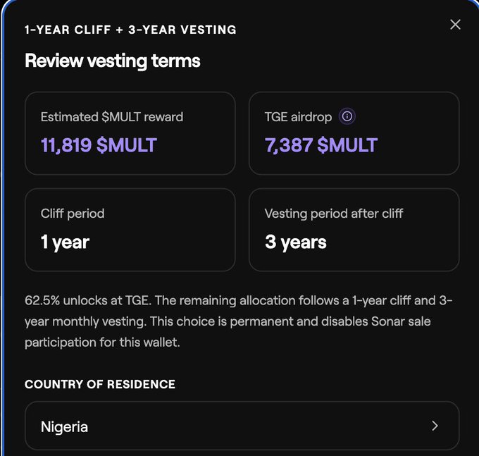Dark-themed cryptocurrency interface titled '1-YEAR CLIFF + 3-YEAR VESTING' showing an estimated $MULT reward of 11,819, TGE airdrop of 7,387 $MULT, with country of residence set to Nigeria.