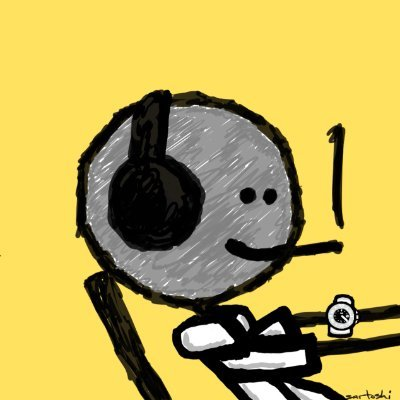 A crude digital drawing of a smiling gray circle character with a black headphone, holding a long object on a yellow background.