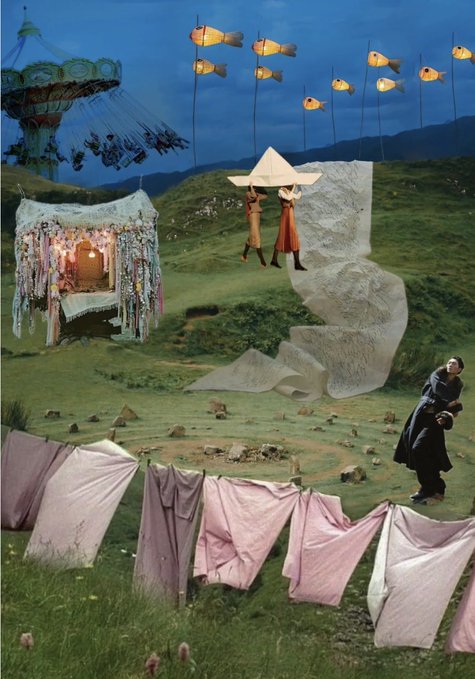 An artistic collage featuring two figures in conical hats carrying a long scroll, an elderly figure, a carousel, hanging fish-shaped lanterns, a decorated shrine, and a clothesline with garments, all set against a grassy mountain landscape.