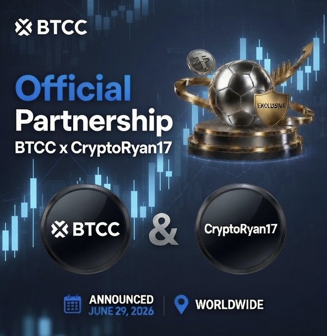 A promotional graphic announces an "Official Partnership" between BTCC and CryptoRyan17, featuring a metallic soccer ball with cryptocurrency coin imagery on a financial chart background. The announcement is dated June 29, 2026, and is marked as worldwide, with the BTCC and CryptoRyan17 logos displayed in glossy black circles.