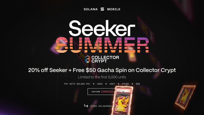 Promotional banner for Solana Mobile's Seeker 'Summer Collector Crypt' campaign offering 20% off Seeker plus a free $50 Gacha Spin on Collector Crypt, limited to the first 5,000 units, with a promo code visible.