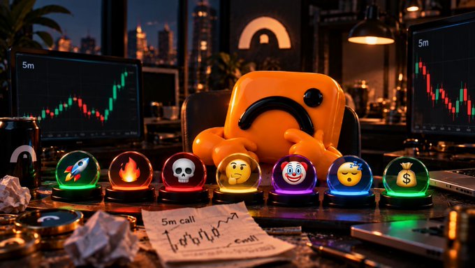 A stylized trading desk scene featuring a sad orange character surrounded by glowing emoji buttons (rocket, fire, skull, thinking, clown, face, money bag), stock charts, and a handwritten note reading '5m call'.