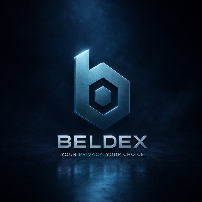A promotional graphic for 'BELDEX' featuring a metallic blue hexagonal 'b' logo with the tagline 'YOUR PRIVACY. YOUR CHOICE.' against a smoky background.
