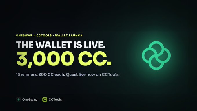 Promotional graphic announcing OneSwap's wallet launch on Canton Network, offering 3,000 CC in prizes across 15 winners (200 CC each) via a quest on CCTools, featuring the OneSwap logo and the text "THE WALLET IS LIVE. 3,000 CC."