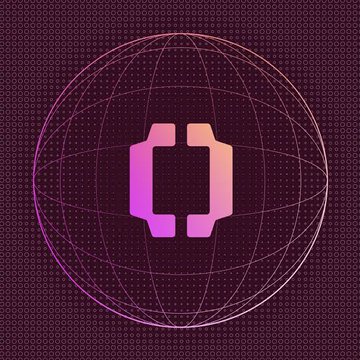 A digital illustration featuring pink and purple gradient brackets-like logo centered inside a wireframe globe against a dark dotted background.