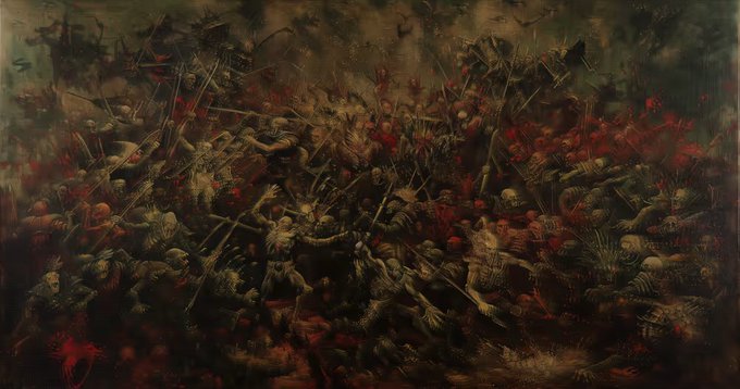 A dark, chaotic fantasy painting depicting a massive battle with skeletal warriors, blood-red figures, and falling banners in a grim, apocalyptic scene.