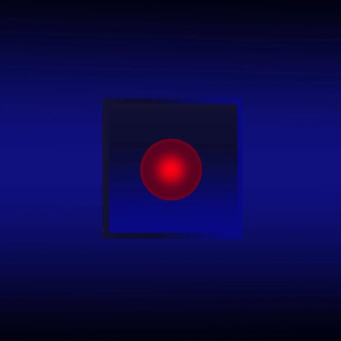 A minimalist digital artwork featuring a red glowing sphere inside a blue square frame against a dark blue gradient background.