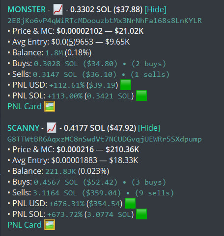 A screenshot of cryptocurrency trading performance data for tokens 'MONSTER' and 'SCANNY' in SOL, showing details like Price & Market Cap, Avg Entry, Balance, Buys/Sells, and PNL USD/SOL with green up arrows indicating gains.