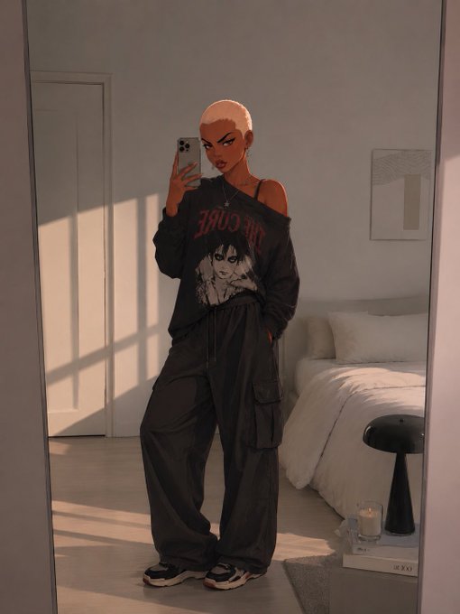 A stylized mirror selfie of a woman with short blonde hair wearing a dark graphic sweatshirt and baggy cargo pants in a sunlit bedroom with a candle lamp.