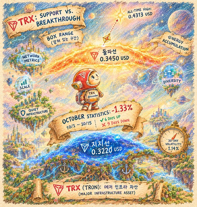 A whimsical, fantasy-style illustration depicts TRX (TRON) at 0.3450 USD navigating between key support (0.3220 USD) and an all-time high (0.4313 USD), with an astronaut mascot, floating islands representing "Quiet Infrastructure" and "Energy Accumulation," and a banner displaying October statistics of -1.33% over 10/1–10/15—reinforcing the post's analysis of TRX's mid-October position between its support and breakout lines.