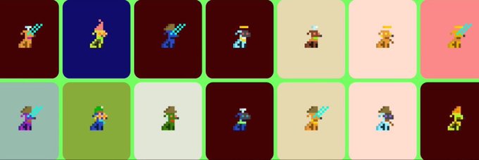 A grid of 14 pixel-art character sprites, likely from a video game, each displayed against a different colored background. The characters appear to represent various in-game units or heroes, fitting the context of a promotional post for a game-related NFT drop.