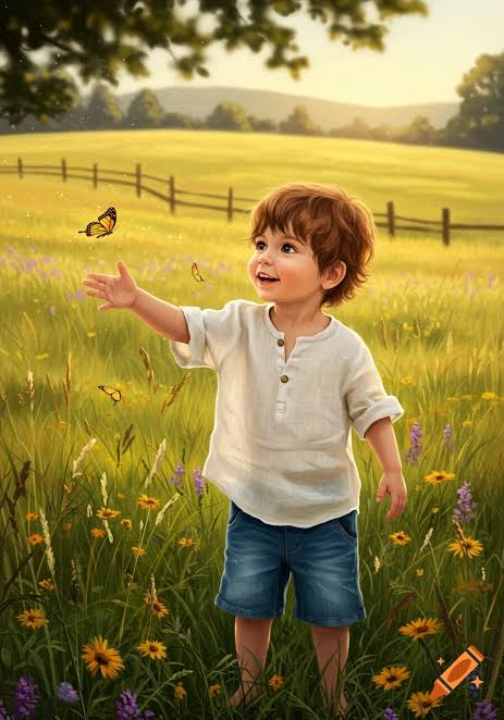 The image features a young boy standing in a field of flowers, reaching out towards a butterfly. The scene captures the child's excitement as he interacts with nature. The background includes a fence and trees, creating an outdoor setting for this heartwarming moment.