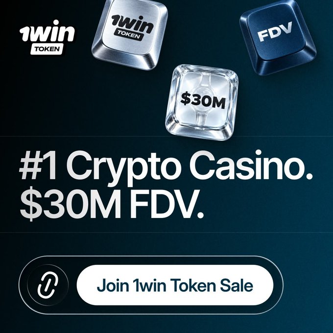 An advertisement for a crypto casino featuring '1WIN TOKEN' branding, with metallic and glass cube graphics, the headline '#1 Crypto Casino. $30M FDV.', and a button reading 'Join 1win Token Sale'.