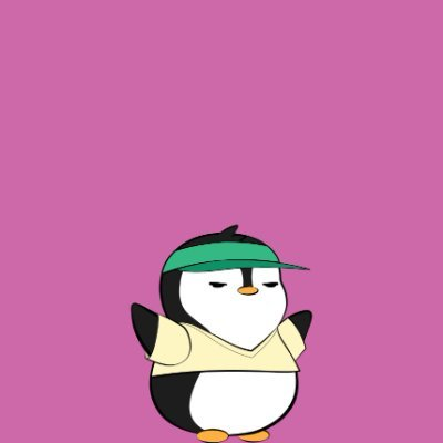 An animated penguin character with a grumpy expression wears a green baseball cap and a beige sweater against a solid magenta background.