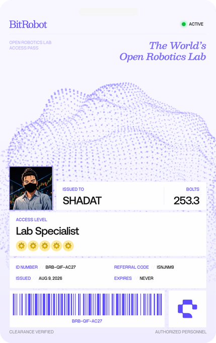 The image displays a BitRobot "Open Robotics Lab Access Pass" showing the name SHADAT with 253.3 BOLTS and Lab Specialist access level, issued on AUG 8, 2026. This digital pass visually celebrates the 253.3 Bolts earned from the user's BitRobotNetwork/TeleArms Local Play activity, as referenced in the accompanying post.