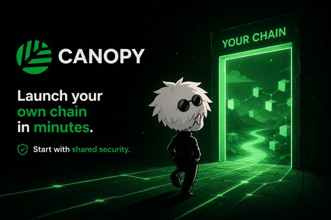 The image features a cartoon character, likely a white man or woman, standing in front of an open door that leads into a green room with a computer screen displaying the words "Canopy" and "Your chain". The character appears to be wearing glasses and is holding a book. The background of the image is dark, which contrasts with the bright colors of the character's outfit and the green room.