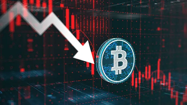 A digital Bitcoin coin is displayed against a dark red background featuring a candlestick chart and a prominent downward-pointing white arrow, visually representing the sharp decline in Bitcoin's value referenced in the accompanying post about the $450 million single-day ETF outflow and rising "flush risk" for $BTC.