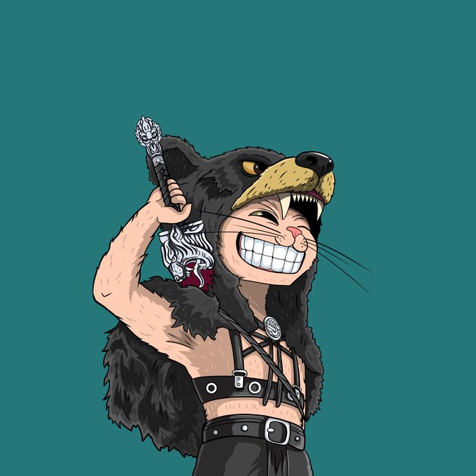 A cartoon illustration of a smiling character wearing a bear hood, leather harness, and holding a decorative staff against a teal background.