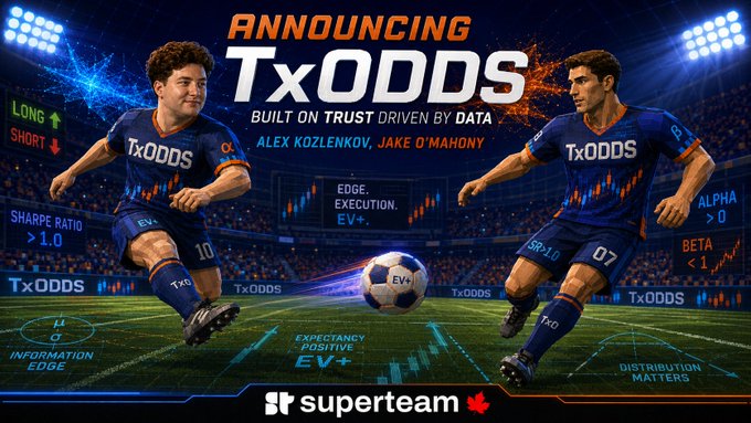 An announcement graphic for 'TxODDS - BUILT ON TRUST DRIVEN BY DATA' featuring two soccer players wearing TxODDS jerseys, mentioning founders Alex Kozlenkov and Jake O'Mahony, with sports betting terminology like EV+, Sharpe Ratio, and Alpha surrounding them.
