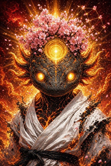 Digital fantasy artwork depicting a dark, cracked stone creature with glowing orange eyes and cherry blossoms blooming from its head against a fiery background.