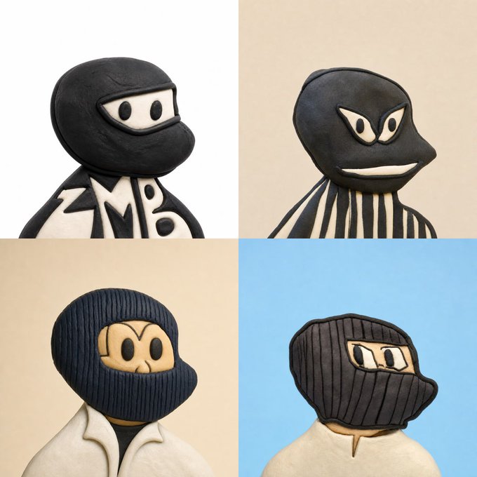 A 2x2 grid of four vinyl-toy-style figures dressed as masked ninjas or thieves, each wearing a black balaclava with distinctive eye cutouts and different outfits.