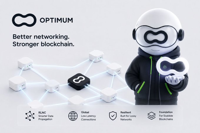 A promotional graphic for 'OPTIMUM' featuring a 3D robot mascot in a black hoodie, highlighting 'Better networking. Stronger blockchain.' with features like RLNC Smarter Data Propagation, Global Low Latency Connections, Resilient Built for Lossy Networks, and Foundation For Scalable Blockchains.