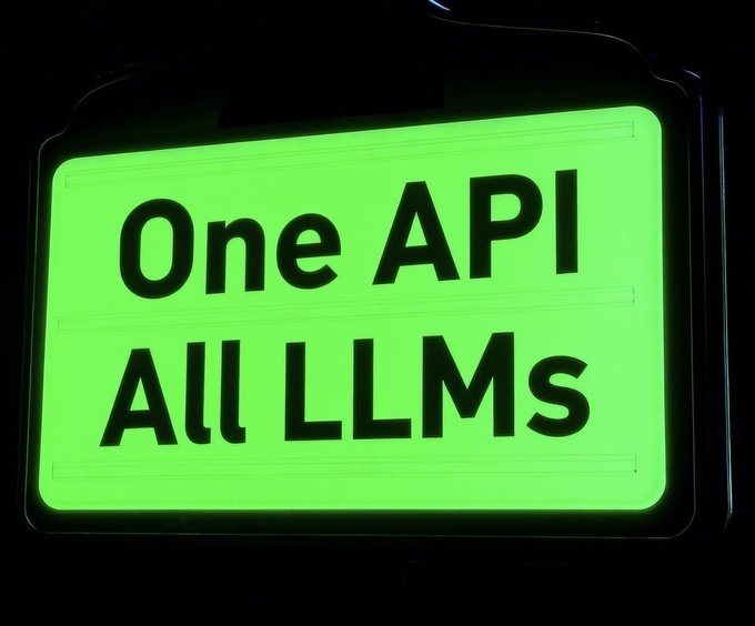 A bright green illuminated sign with black text reading 'One API All LLMs' against a dark background.
