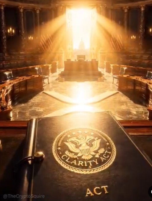 A grand government chamber with sunlight streaming through a window, featuring a book labeled "CLARITY ACT" in the foreground.
