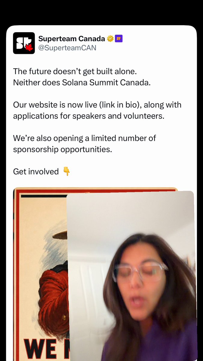 The image shows a woman with long brown hair wearing glasses, who appears to be talking into a microphone or a camera. The background of the image features a poster for the Solana Summit I heard about at @SuperteamCAN.