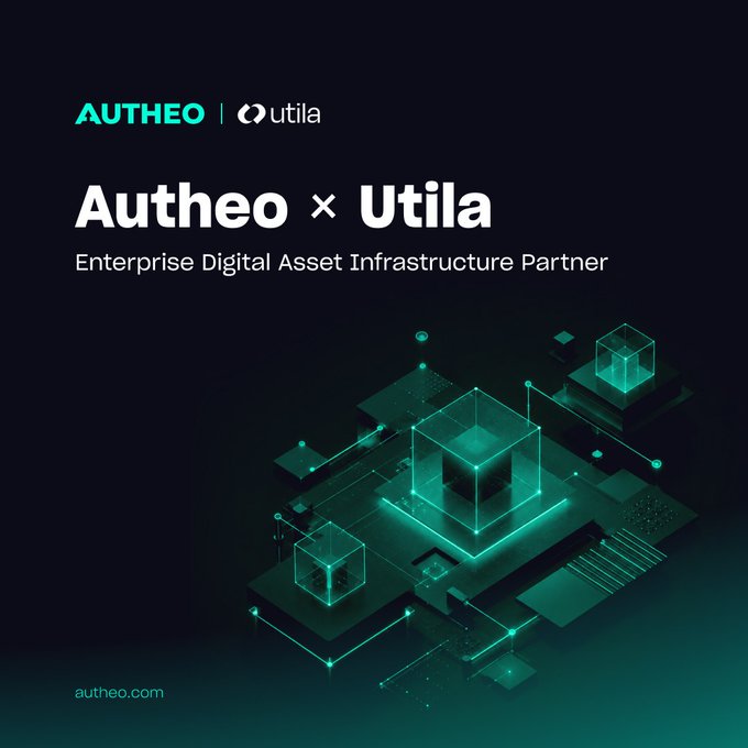 A promotional graphic announcing 'Autheo x Utila' partnership as an 'Enterprise Digital Asset Infrastructure Partner' with autheo.com branding and teal geometric design elements.